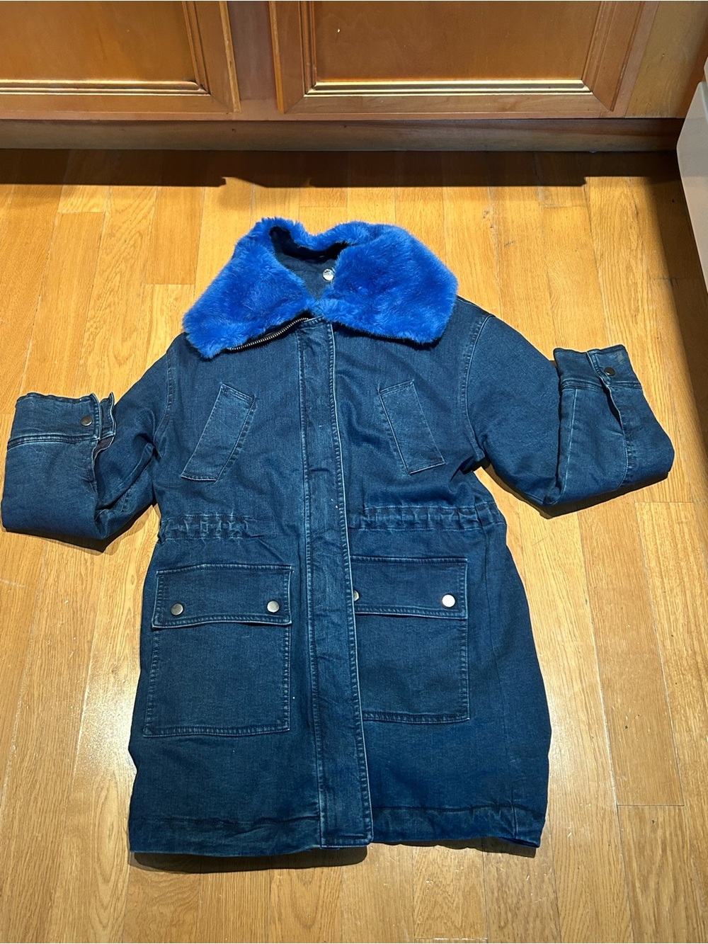 Margaret O'Leary Navy Coat with Bright Blue Faux Fur Collar